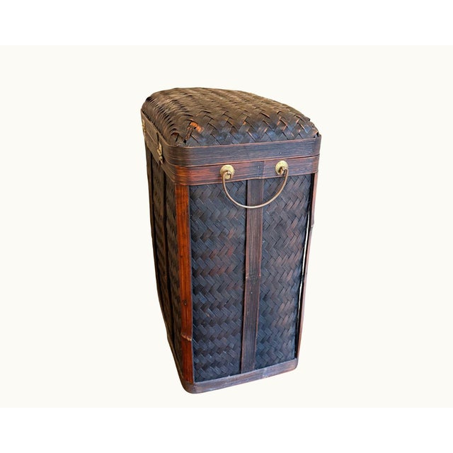 Contemporary Antique Japanese Bamboo Woven Storage Trunk With Brass Hardware — Circa 1900s–1920s For Sale - Image 3 of 6