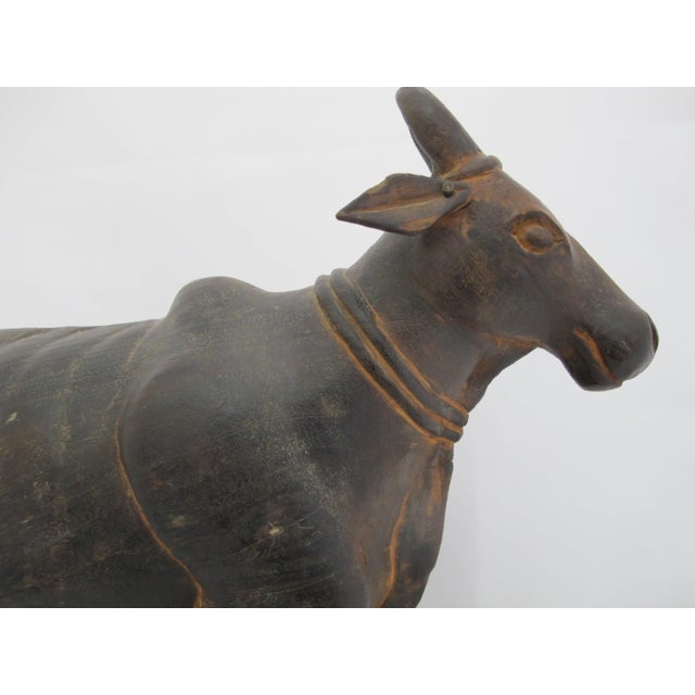Brown Kamadhenu Wooden Cow & Calf Rustic Hand Carved India Hindu Folk Art Sculpture For Sale - Image 8 of 11