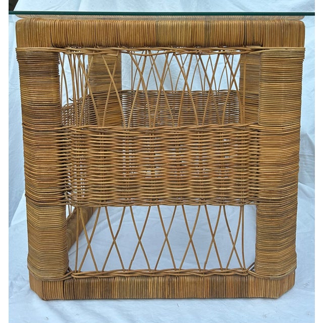 1970’s Woven Wicker Natural RattanTable With Glass Top For Sale - Image 10 of 12