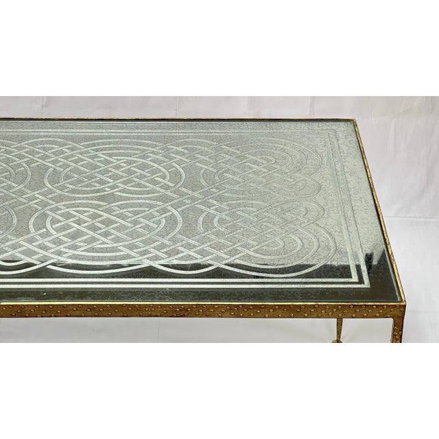 Metal Mid-Century Modern Gilt Bronze Coffee Table with Engraved Glass Top For Sale - Image 7 of 12