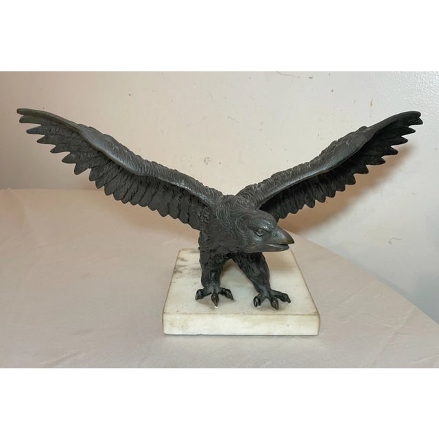Antique Solid Bronze Marble Open Winged American Bald Eagle Statue Sculpture For Sale - Image 4 of 13