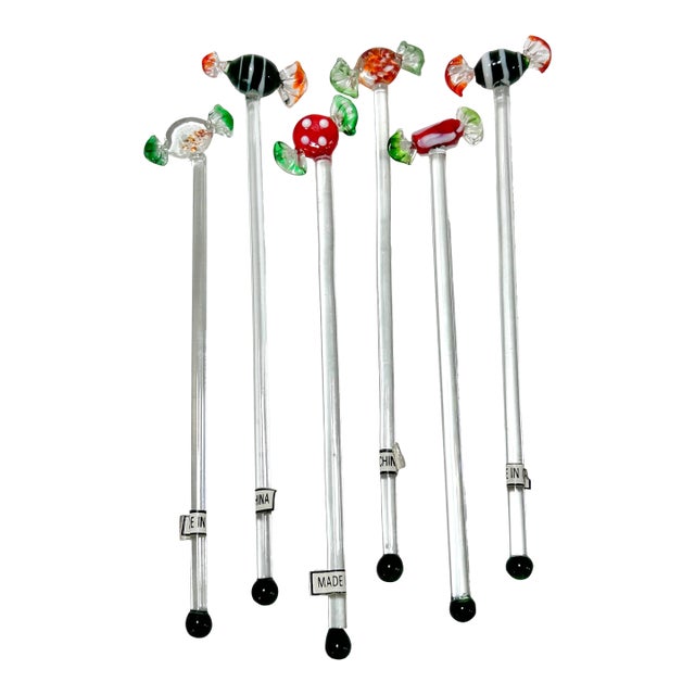 1980s Murano Style Hand Blown Glass Candy Swizzle Sticks – Set of 6 Cocktail Stirrers For Sale