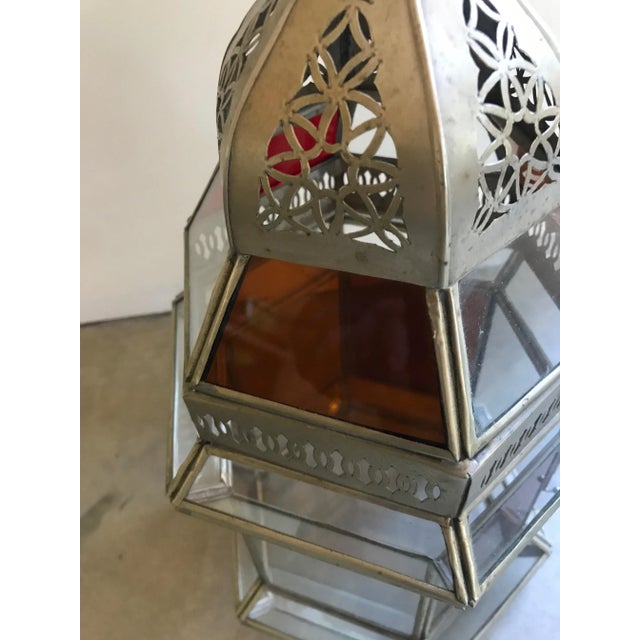 Moroccan Moroccan Pierced Brass and Colored Glass Lantern For Sale - Image 3 of 8
