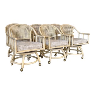 1970’s Coastal Old Florida Rattan Cane Swivel Dining Chairs by Ficks Reed-Set of Six For Sale