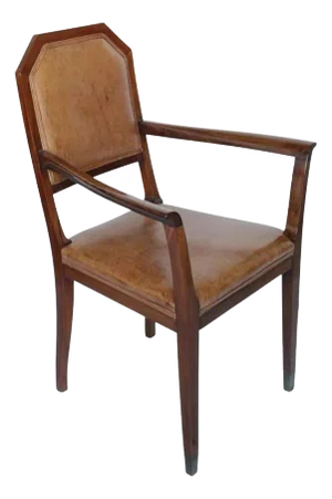 French Art Deco Desk Chair Walnut and Leather, Circa 1925