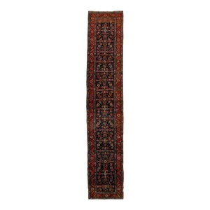 1900s Allover Designed Antique Heriz Wool Runner in Dark Blue