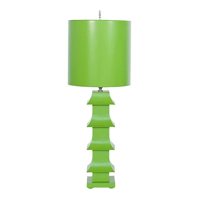 Matthew Izzo Home Handpainted Apple Green Tall Pagoda Tole Table Lamp With Painted Metal Shade For Sale