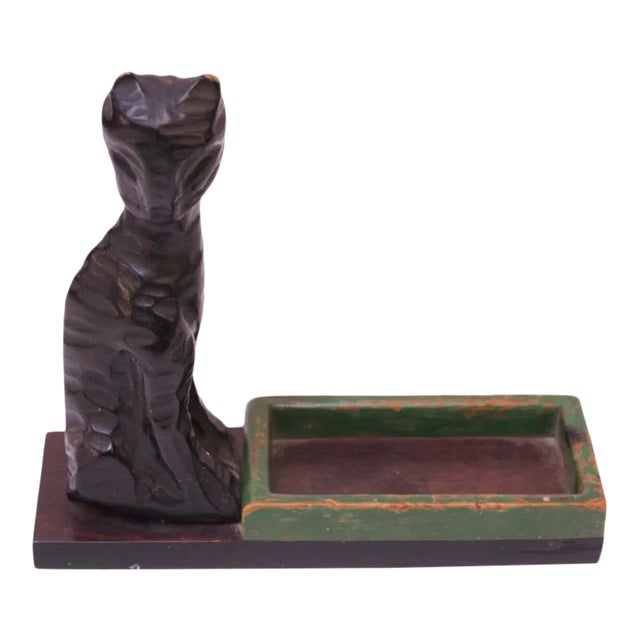 Folk Art Hand Carved Black Cat Trinket Dish For Sale