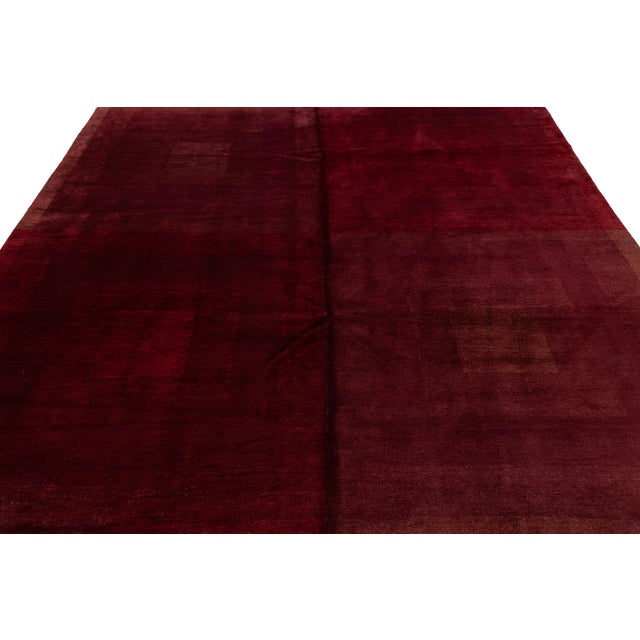 Textile Modern Geometric Hand-Knotted Tibetan Wool & Silk Rug in Ruby Red and Burgundy For Sale - Image 7 of 10