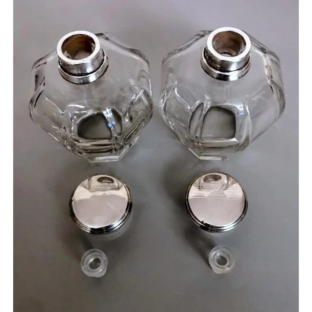 Transparent Art Deco Italian Crystal Toiletry Bottles and Silver Lid - a Pair For Sale - Image 8 of 13