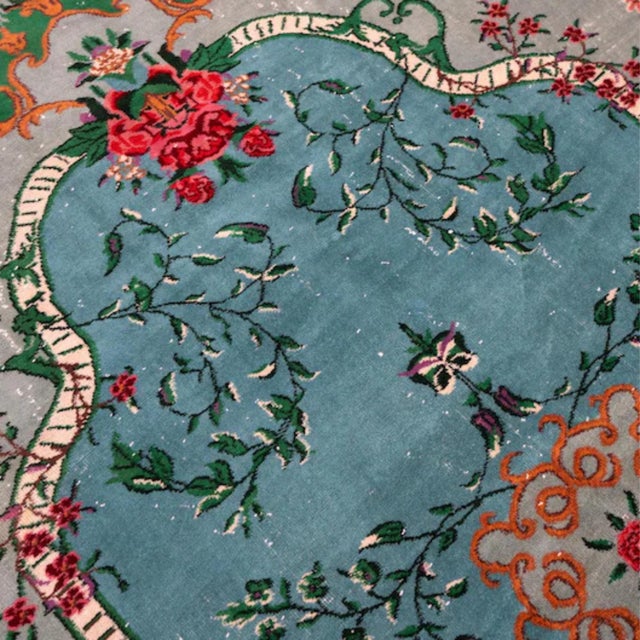 French Vintage 1960s Turkish Sparta Savonnerie Rug, Teal Blue & Emerald Green With Roses – 6'8" X 9'9" For Sale - Image 3 of 12