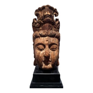 Large Wood Sculpture of Boddhisatva Head Ming Dynasty For Sale