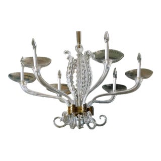 Large 40” Murano-Style Hand-Blown Glass & Aged Brass Chandelier, 8-Arm Dining Room Fixture For Sale