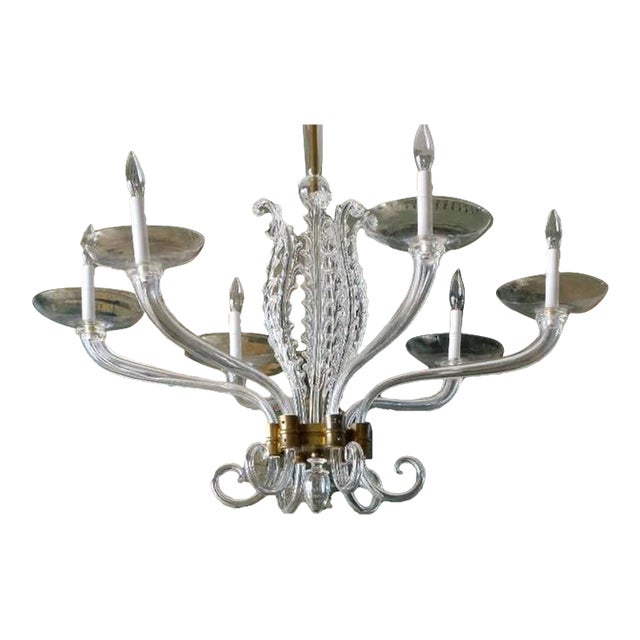 Large 40” Murano-Style Hand-Blown Glass & Aged Brass Chandelier, 8-Arm Dining Room Fixture For Sale