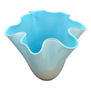 Vintage Mid 20th Century Hand Blown Cased Pleated Art Glass Vase in Ombré Blue For Sale