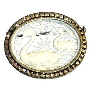 Art Deco Carved Celluloid Gold Tone Swan Brooch For Sale