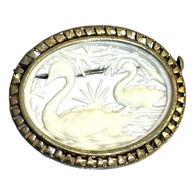 Art Deco Carved Celluloid Gold Tone Swan Brooch For Sale