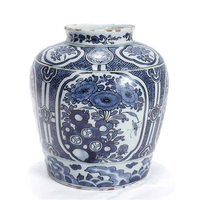 Delft Antique 18th Century Blue & White Dutch Delft Chinoserie Jar or Vase For Sale - Image 4 of 8