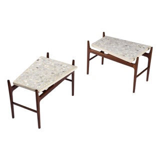 Pair of Sculptural Walnut and Terrazzo Side Tables Attributed to John Keal For Sale