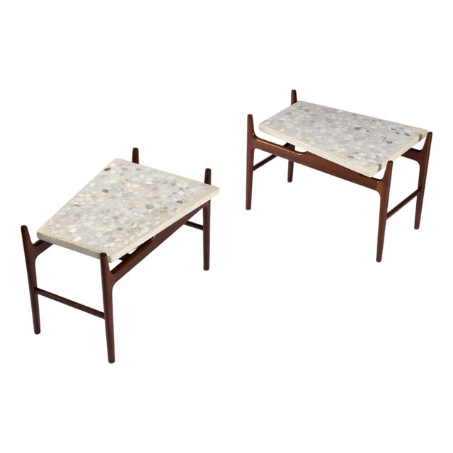 Pair of Sculptural Walnut and Terrazzo Side Tables Attributed to John Keal For Sale