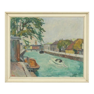 1950s Boats in a Canal Oil Painting by Per Sonne
