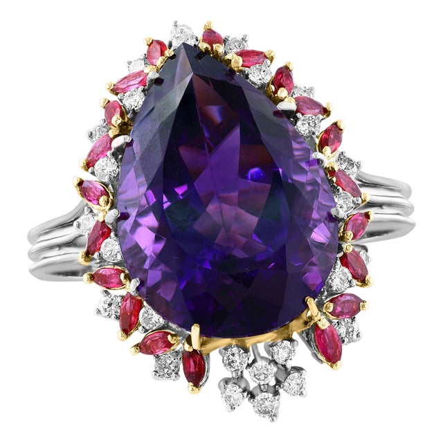 32X23 MM PEAR Amethyst , Diamond & Ruby 14 Kt Yellow Gold Cocktail Ring, 1960's For Sale