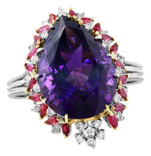 32X23 MM PEAR Amethyst , Diamond & Ruby 14 Kt Yellow Gold Cocktail Ring, 1960's