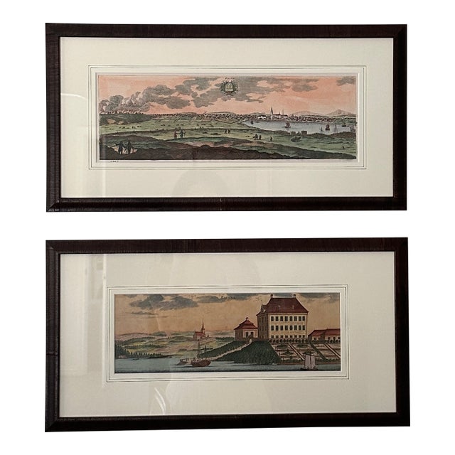 18th Century Swedish Hand-Colored Etchings of Landscape and Architecture Scenes - a Pair For Sale