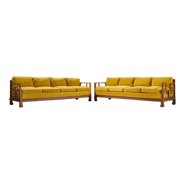 Michael Taylor for Baker Furniture Far East Collection Mid Century Walnut Sofa - Pair For Sale