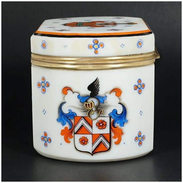 19th Century 19th Century Antique Bohemian Opaline Glass Box Armorial Hand Painted Coat of Arms For Sale - Image 5 of 11