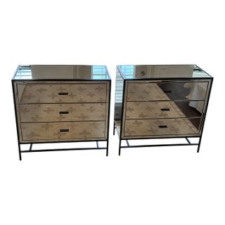Set of 2 Contemporary Mirrored High Fashion Home "Upton" Nightstands With Black Metal Base For Sale