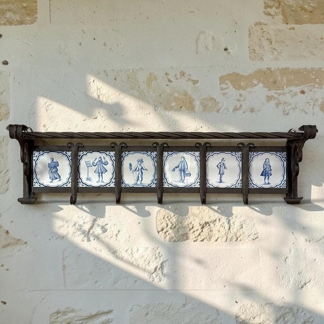 19th Century Dutch Wrought Iron Coat Rack With Delft Tiles For Sale - Image 4 of 18