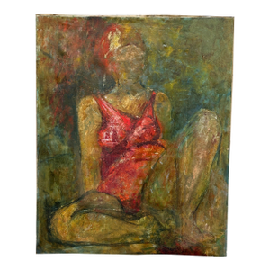 Mid Century Painting of Woman in Red Swimsuit Signed by Artist