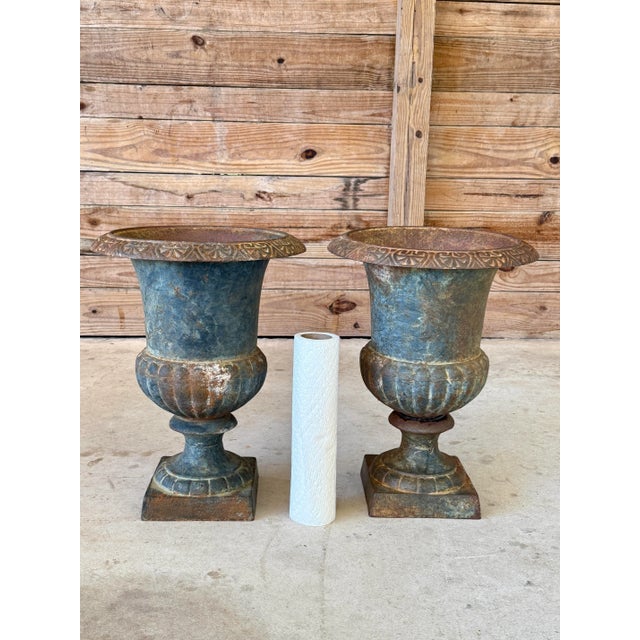 A classic pair of early 20th century French cast iron Medici urns featuring beautifully aged surfaces and a rich,...