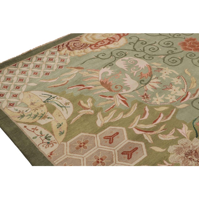 Rug & Kilim’s Chinese Style Art Deco Rug in Green With Red & Gold Florals For Sale In New York - Image 6 of 7