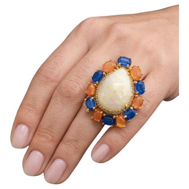 Bochic “Capri” Vintage Fire Opal, Kyanite & Diamond Cocktail Ring - 18K Gold & S For Sale - Image 9 of 13