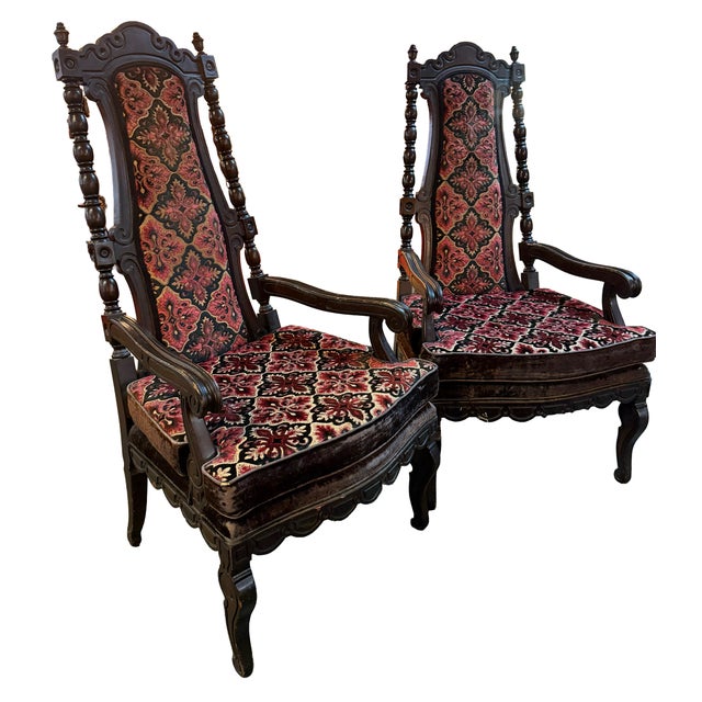 Stunning antique high-back throne or side chairs likely dating from the 19th to early 20th century. they features ornate...