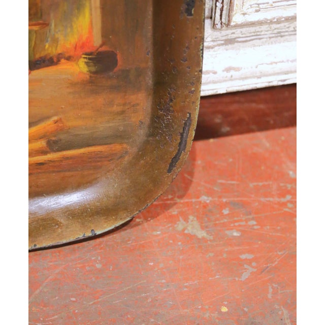Metal 19th Century French Hand-Painted Tole Tray With Interior Tavern Scene For Sale - Image 7 of 8