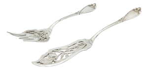 Cut Silver Spatula and Fish Fork with Raised Handles and Monogram Cards, Set of 2