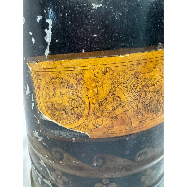 Antique English Tole Coal Helmet Scuttle | Beldray Maker's Mark, Gilt Neoclassical Decoration | 24in Tall For Sale - Image 10 of 12