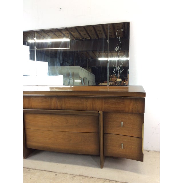 Mid Century Modern 9 Drawer Lowboy Dresser With Sled Legs and Large Mirror For Sale In Philadelphia - Image 6 of 12