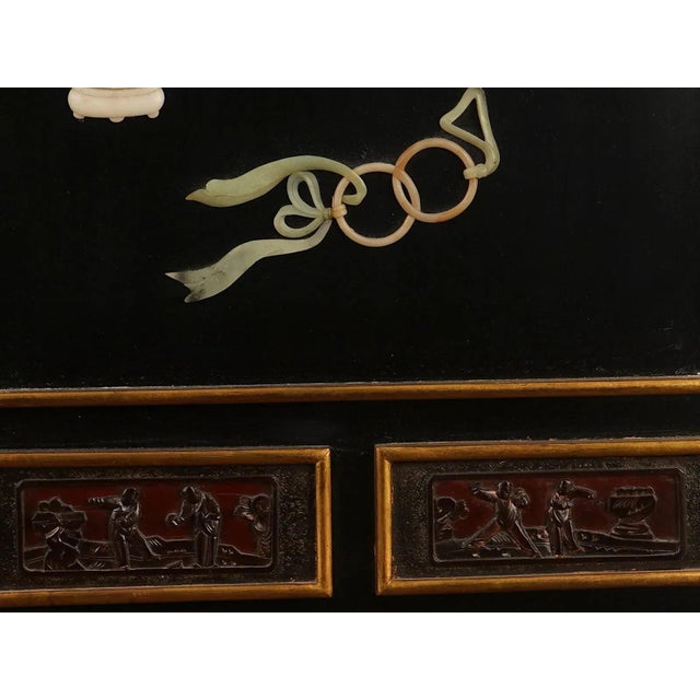 Chinese Pair of Vintage Chinese Black Lacquer Wall Panels With Jade Hardstone For Sale - Image 3 of 8