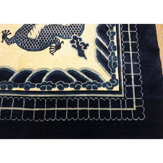 1890s Ivory and Blue Antique Cloud Band Design Chinese Dragon Peking Rug For Sale - Image 4 of 9