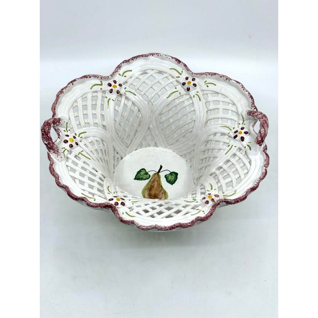 Ceramic Hand Made White and Pink Reticulated Ceramic Basket Made in Portugal For Sale - Image 7 of 9