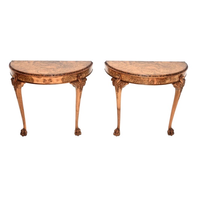 Vintage Burr Walnut Console Tables, 1930s, Set of 2 For Sale