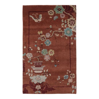 Rug & Kilim’s Chinese Art Deco Inspired Rug, Vibrant Florals & Figurals on Rust For Sale