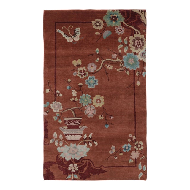 Rug & Kilim’s Chinese Art Deco Inspired Rug, Vibrant Florals & Figurals on Rust For Sale