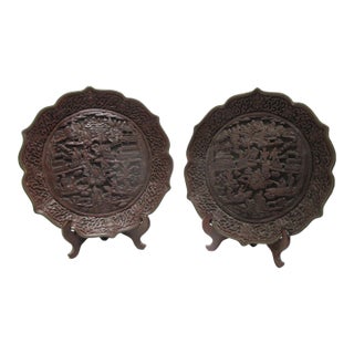 Chinese Carved Cinnabar Lacquer Village Scene 10" Plate Pair With Stands For Sale