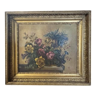 Antique Oil Painting Floral Still Life Roses Flowers Monogrammed Gilt Frame For Sale