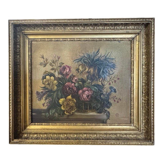 Antique Oil Painting Floral Still Life Roses Flowers Monogrammed Gilt Frame For Sale